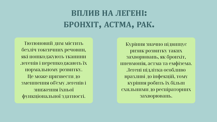ВПЛИВ НА ЛЕГЕНІ: БРОНХІТ, АСТМА, РАК. Тютюновий дим містить безліч токсичних речовин, які пошкоджують тканини легенів і перешкоджають їх нормальному розвитку. Це може призвести до зменшення об'єму легенів і зниження їхньої функціональної здатності. Куріння значно підвищує ризик розвитку таких захворювань, як бронхіт, пневмонія, астма та емфізема. Легені підлітка особливо вразливі до інфекцій, тому куріння робить їх більш схильними до респіраторних захворювань.