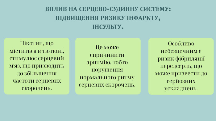ВПЛИВ НА СЕРЦЕВО-СУДИННУ СИСТЕМУ: ПІДВИЩЕННЯ РИЗИКУ ІНФАРКТУ, ІНСУЛЬТУ. Нікотин, що міститься в тютюні, стимулює серцевий м'яз, що призводить до збільшення частоти серцевих скорочень. Це може спричинити аритмію, тобто порушення нормального ритму серцевих скорочень. Особливо небезпечним є ризик фібриляції передсердь, що може призвести до серйозних ускладнень.