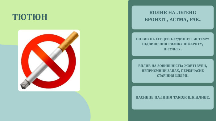 ТЮТЮНВПЛИВ НА ЛЕГЕНІ: БРОНХІТ, АСТМА, РАК. ВПЛИВ НА СЕРЦЕВО-СУДИННУ СИСТЕМУ: ПІДВИЩЕННЯ РИЗИКУ ІНФАРКТУ, ІНСУЛЬТУ. ВПЛИВ НА ЗОВНІШНІСТЬ: ЖОВТІ ЗУБИ, НЕПРИЄМНИЙ ЗАПАХ, ПЕРЕДЧАСНЕ СТАРІННЯ ШКІРИ. ПАСИВНЕ ПАЛІННЯ ТАКОЖ ШКІДЛИВЕ.