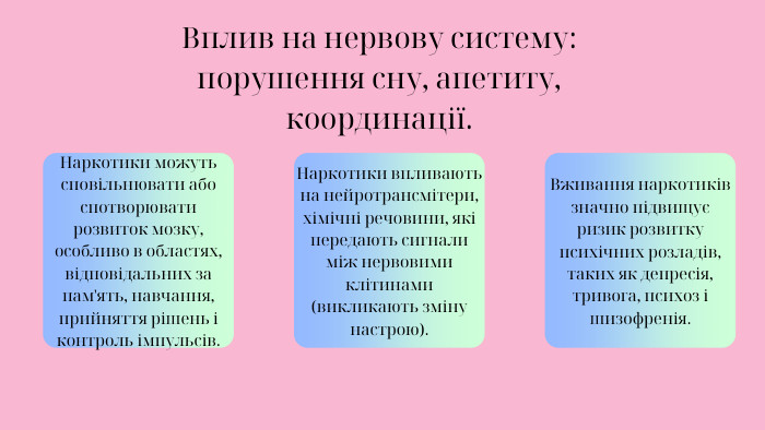 Вплив на нервову систему: порушення сну, апетиту, координації. Наркотики можуть сповільнювати або спотворювати розвиток мозку, особливо в областях, відповідальних за пам'ять, навчання, прийняття рішень і контроль імпульсів. Наркотики впливають на нейротрансмітери, хімічні речовини, які передають сигнали між нервовими клітинами (викликають зміну настрою). Вживання наркотиків значно підвищує ризик розвитку психічних розладів, таких як депресія, тривога, психоз і шизофренія.