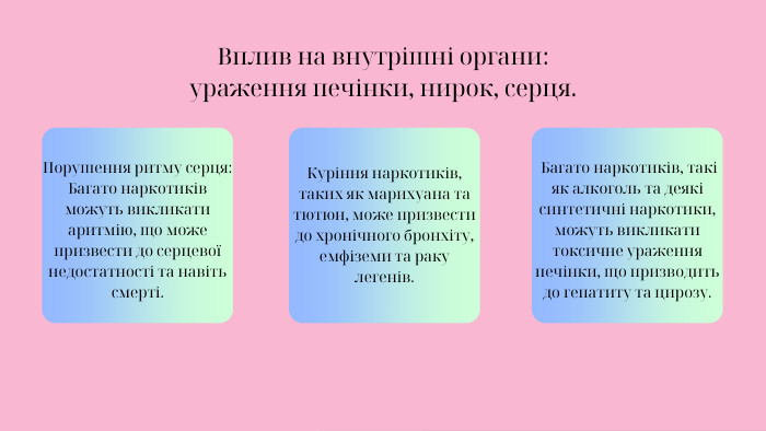 Вплив на внутрішні органи: ураження печінки, нирок, серця. Порушення ритму серця: Багато наркотиків можуть викликати аритмію, що може призвести до серцевої недостатності та навіть смерті. Куріння наркотиків, таких як марихуана та тютюн, може призвести до хронічного бронхіту, емфіземи та раку легенів. Багато наркотиків, такі як алкоголь та деякі синтетичні наркотики, можуть викликати токсичне ураження печінки, що призводить до гепатиту та цирозу.