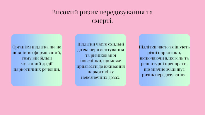 Високий ризик передозування та смерті. Організм підлітка ще не повністю сформований, тому він більш чутливий до дії наркотичних речовин. Підлітки часто схильні до експериментування та ризикованої поведінки, що може призвести до вживання наркотиків у небезпечних дозах. Підлітки часто змішують різні наркотики, включаючи алкоголь та рецептурні препарати, що значно збільшує ризик передозування.