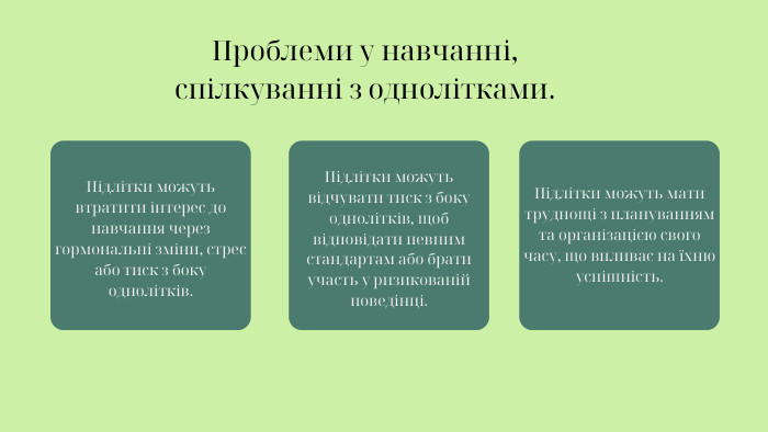 Проблеми у навчанні, спілкуванні з однолітками. Підлітки можуть втратити інтерес до навчання через гормональні зміни, стрес або тиск з боку однолітків. Підлітки можуть відчувати тиск з боку однолітків, щоб відповідати певним стандартам або брати участь у ризикованій поведінці. Підлітки можуть мати труднощі з плануванням та організацією свого часу, що впливає на їхню успішність.