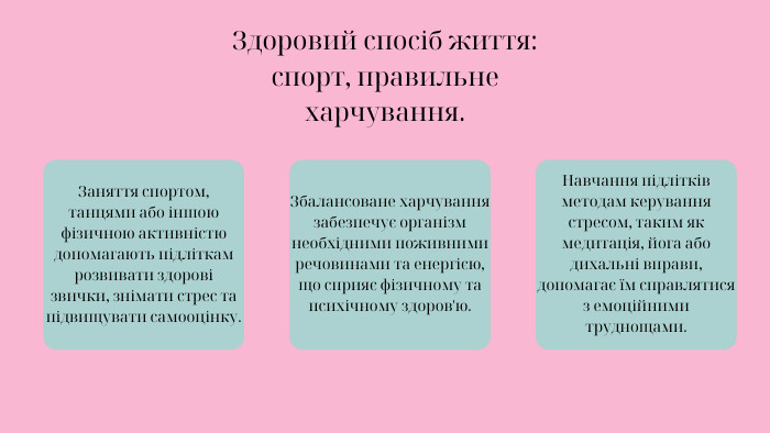 Здоровий спосіб життя: спорт, правильне харчування. Заняття спортом, танцями або іншою фізичною активністю допомагають підліткам розвивати здорові звички, знімати стрес та підвищувати самооцінку. Збалансоване харчування забезпечує організм необхідними поживними речовинами та енергією, що сприяє фізичному та психічному здоров'ю. Навчання підлітків методам керування стресом, таким як медитація, йога або дихальні вправи, допомагає їм справлятися з емоційними труднощами.