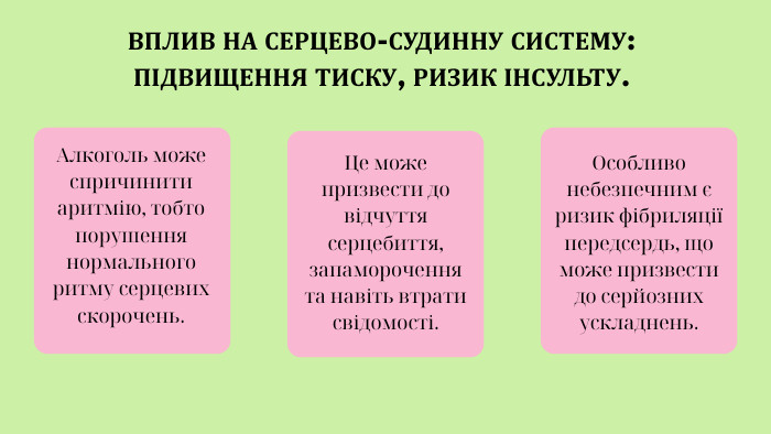 ВПЛИВ НА СЕРЦЕВО-СУДИННУ СИСТЕМУ: ПІДВИЩЕННЯ ТИСКУ, РИЗИК ІНСУЛЬТУ. Алкоголь може спричинити аритмію, тобто порушення нормального ритму серцевих скорочень. Це може призвести до відчуття серцебиття, запаморочення та навіть втрати свідомості. Особливо небезпечним є ризик фібриляції передсердь, що може призвести до серйозних ускладнень.