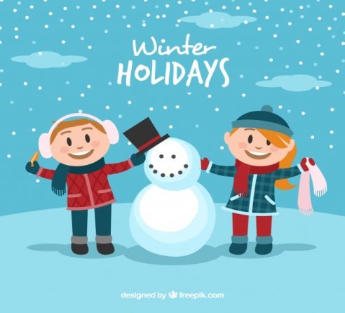 Winter holidays background with two children and a snowman | Stock Images  Page | Everypixel