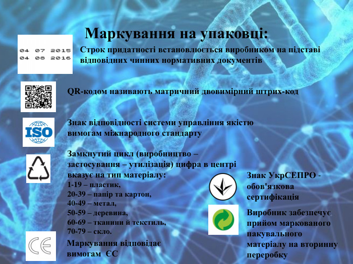 Маркування на упаковці: Строк придатності встановлюється виробником на підставі відповідних чинних нормативних документів. QR-кодом називають матричний двовимірний штрих-код. Знак відповідності системи управління якістю вимогам міжнародного стандарту. Замкнутий цикл (виробництво – застосування – утилізація) цифра в центрі вказує на тип матеріалу:1-19 – пластик, 20-39 – папір та картон, 40-49 – метал, 50-59 – деревина, 60-69 – тканини й текстиль, 70-79 – скло. Знак Укр. СЕПРО -обов'язкова сертифікація. Виробник забезпечує прийом маркованого пакувального матеріалу на вторинну переробку Маркування відповідає вимогам  ЄС