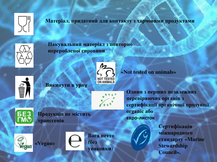 Матеріал, придатний для контакту з харчовими продуктами. Пакувальний матеріал з повторно переробленої сировини. Викинути в урну. Продукція не містить трансгенів. Однин з перших незалежних перевіряючих органів з сертифікації органічної продукції. organic або євро-листок «Vegan»«Not tested on animals»Вага нетто (без упаковки)Сертифікація міжнародного стандарту «Marine Stewardship Council». 