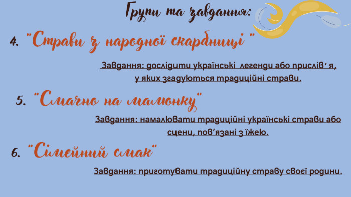 Групи та завдання:4. “Страви з народної скарбниці “5. “Смачно на малюнку” Завдання: дослідити українські легенди або прислівʼя, у яких згадуються традиційні страви. Завдання: намалювати традиційні українські страви або сцени, пов’язані з їжею.6. “Сімейний смак”Завдання: приготувати традиційну страву своєї родини.