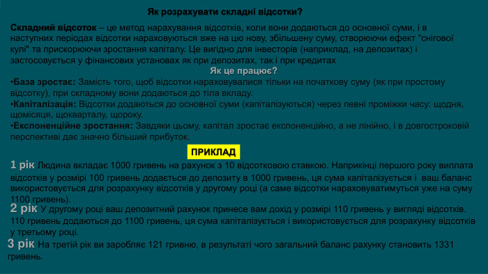 Складний відсоток – це метод нарахування відсотків, коли вони додаються до основної суми, і в наступних періодах відсотки нараховуються вже на цю нову, збільшену суму, створюючи ефект 