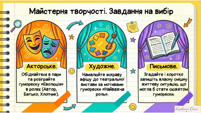 Майстерня творчості. Завдання на вибір. Акторське. Обіднайтеся в пари та розіграйте гумореску «Еволюція» в ролях (Автор, Батько, Хлопчик). Художне. Намалюйте яскраву афішу до театральної вистави за мотивами гуморески «Найважча роль». Письмове. Згадайте і коротко запишіть власну смішну життеву ситуацію, що могла б стати сюжетом гуморески. Notebook LM