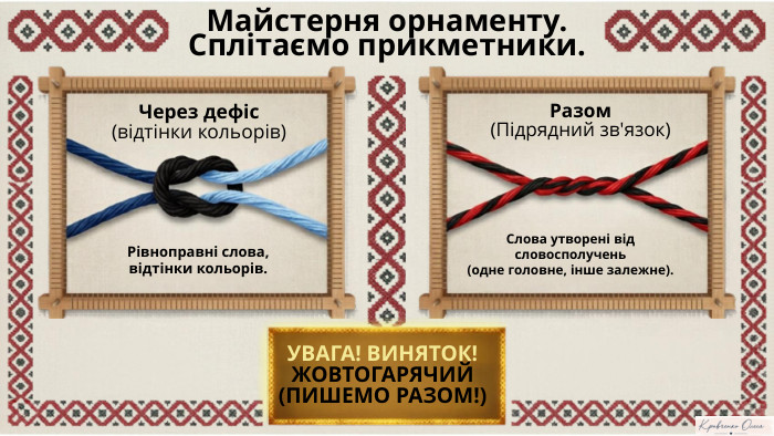 Майстерня орнаменту. Сплітаємо прикметники. Через дефіс(відтінки кольорів)Рівноправні слова, відтінки кольорів. Разом(Підрядний зв'язок)Слова утворені від словосполучень (одне головне, інше залежне). УВАГА! ВИНЯТОК!ЖОВТОГАРЯЧИЙ(ПИШЕМО РАЗОМ!)Notebookім