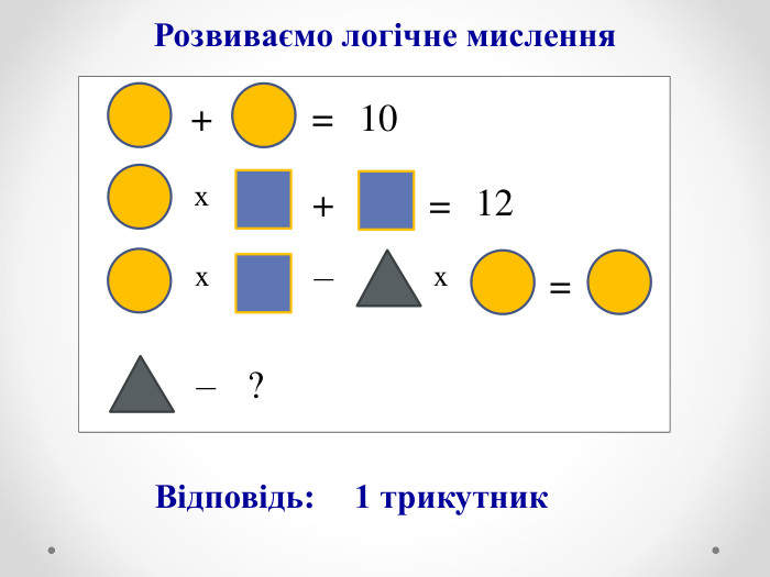 Розвиваємо логічне мислення                      + = = 10 x + = 12 ? x x –  – Відповідь: 1 трикутник 