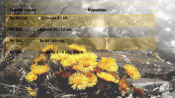 {ED083 AE6-46 FA-4 A59-8 FB0-9 F97 EB10719 F}Номер задачіВідповідь№ 561(в). Ці числа 6 і 14.№ 564. Катети 35 і 12 см.№ 568. За 84 і 60 год.№ 569. Ці числа 2 і 4 або -4 і -2.