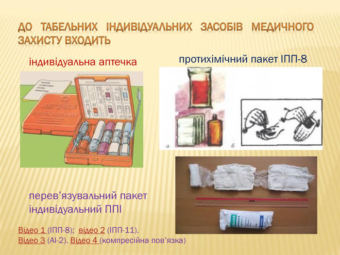 До табельних індивідуальних засобів медичного захисту входитьіндивідуальна аптечка протихімічний пакет ІПП-8 перев’язувальний пакет індивідуальний ППІВідео 1 (ІПП-8); відео 2 (ІПП-11). Відео 3 (АІ-2). Відео 4 (компресійна пов’язка)