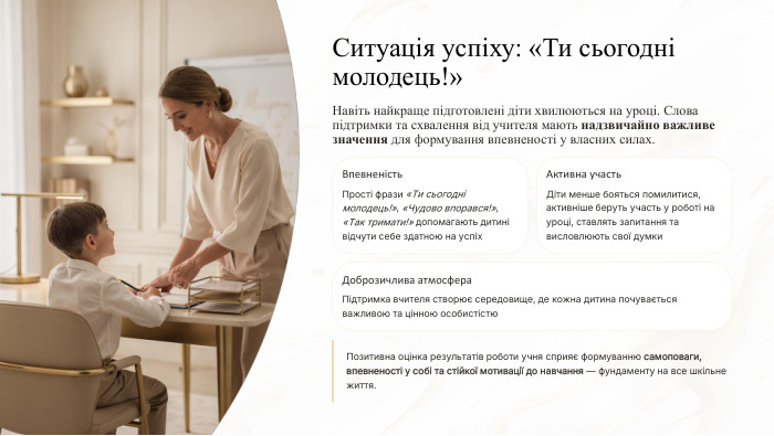 Ситуація успіху: «Ти сьогодні молодець!»Навіть найкраще підготовлені діти хвилюються на уроці. Слова підтримки та схвалення від учителя мають надзвичайно важливе значення для формування впевненості у власних силах. Впевненість. Прості фрази «Ти сьогодні молодець!», «Чудово впорався!», «Так тримати!» допомагають дитині відчути себе здатною на успіх. Активна участь. Діти менше бояться помилитися, активніше беруть участь у роботі на уроці, ставлять запитання та висловлюють свої думки. Доброзичлива атмосфера. Підтримка вчителя створює середовище, де кожна дитина почувається важливою та цінною особистістю. Позитивна оцінка результатів роботи учня сприяє формуванню самоповаги, впевненості у собі та стійкої мотивації до навчання — фундаменту на все шкільне життя.