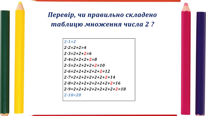 Перевір, чи правильно складено таблицю множення числа 2 ?2∙1=22∙2=2+2=42∙3=2+2+2=62∙4=2+2+2+2=82∙5=2+2+2+2+2=102∙6=2+2+2+2+2+2=122∙7=2+2+2+2+2+2+2=142∙8=2+2+2+2+2+2+2+2=162∙9=2+2+2+2+2+2+2+2+2=182∙10=20 