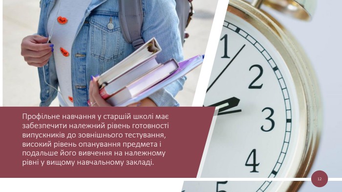 Профільне навчання у старшій школі має забезпечити належний рівень готовності випускників до зовнішнього тестування, високий рівень опанування предмета і подальше його вивчення на належному рівні у вищому навчальному закладі.12