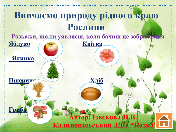 Вивчаємо природу рідного краю Рослини Розкажи, що ти уявляєш, коли бачиш це зображення Яблуко Квітка Ялинка. Пшениця Хліб Гриби Автор: Ізвєкова Н. В. Калинопільський ЗДО “Казка”