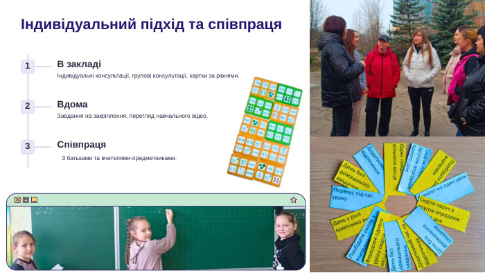 Індивідуальний підхід та співпраця1 В закладіІндивідуальні консультації, групові консультації, картки за рівнями.2 Вдома. Завдання на закріплення, перегляд навчального відео.3 Співпраця. З батьками та вчителями-предметниками.