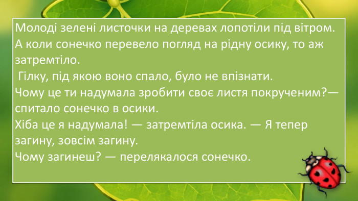 Молоді зелені листочки на деревах лопотіли під вітром. А коли сонечко перевело погляд на рідну осику, то аж затремтіло. Гілку, під якою воно спало, було не впізнати. Чому це ти надумала зробити своє листя покрученим?— спитало сонечко в осики. Хіба це я надумала! — затремтіла осика. — Я тепер загину, зовсім загину. Чому загинеш? — перелякалося сонечко.