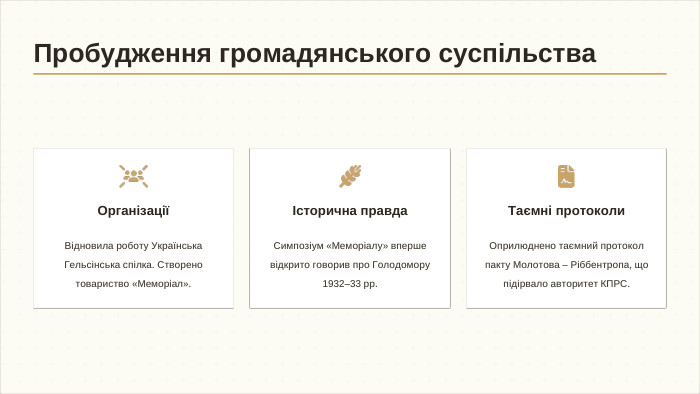 ОрганізаціїВідновила роботу Українська Гельсінська спілка. Створено товариство «Меморіал».Історична правда. Симпозіум «Меморіалу» вперше відкрито говорив про Голодомору 1932–33 рр. Таємні протоколи. Оприлюднено таємний протокол пакту Молотова – Ріббентропа, що підірвало авторитет КПРС. Пробудження громадянського суспільства