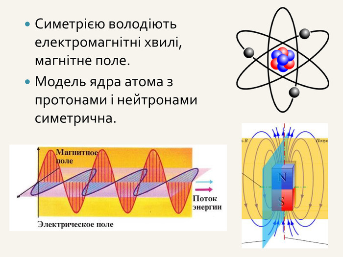 Симетрією володіють електромагнітні хвилі, магнітне поле. Модель ядра атома з протонами і нейтронами симетрична.