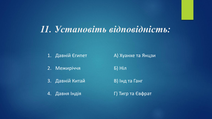 11. Установіть відповідність: Давній Єгипет. Межиріччя. Давній Китай. Давня Індія. А) Хуанхе та Янцзи. Б) Ніл. В) Інд та Ганг. Г) Тигр та Євфрат