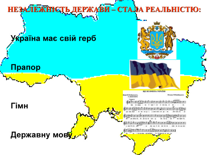 НЕЗАЛЕЖНІСТЬ ДЕРЖАВИ – СТАЛА РЕАЛЬНІСТЮ: Україна має свій герб   Прапор    Гімн   Державну мову 