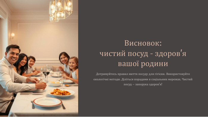 Висновок: чистий посуд - здоров'я вашої родини. Дотримуйтесь правил миття посуду для гігієни. Використовуйте екологічні методи. Діліться порадами в соціальних мережах. Чистий посуд – запорука здоров'я!