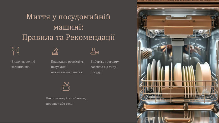 Миття у посудомийній машині: Правила та РекомендаціїВидаліть великі залишки їжі. Правильно розмістіть посуд для оптимального миття. Виберіть програму залежно від типу посуду. Використовуйте таблетки, порошок або гель.