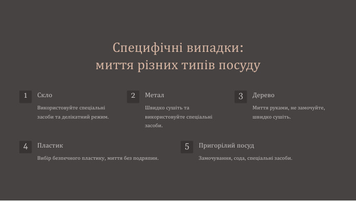 Специфічні випадки: миття різних типів посуду1 Скло. Використовуйте спеціальні засоби та делікатний режим.2 Метал. Швидко сушіть та використовуйте спеціальні засоби.3 Дерево. Миття руками, не замочуйте, швидко сушіть.4 Пластик. Вибір безпечного пластику, миття без подряпин.5 Пригорілий посуд. Замочування, сода, спеціальні засоби.