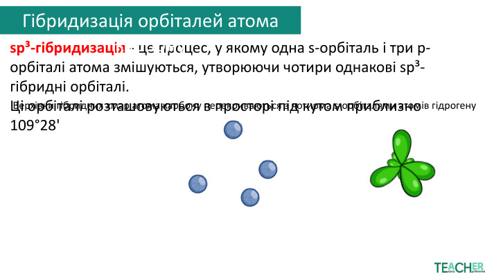 sp³-гібридизація - це процес, у якому одна s-орбіталь і три p-орбіталі атома змішуються, утворюючи чотири однакові sp³-гібридні орбіталі. Ці орбіталі розташовуються в просторі під кутом приблизно 109°28'Верхівки гібридних хмар атома карбону перекриваються з чотирма s-орбіталями атомів гідрогену. Гібридизація орбіталей атома карбону