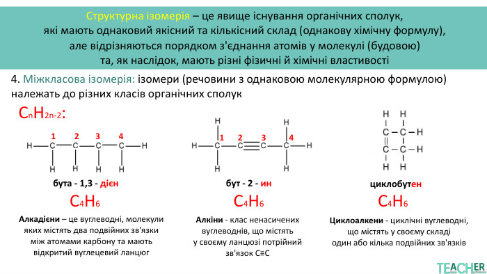 Структурна ізомерія – це явище існування органічних сполук, які мають однаковий якісний та кількісний склад (однакову хімічну формулу), але відрізняються порядком з'єднання атомів у молекулі (будовою) та, як наслідок, мають різні фізичні й хімічні властивості4. Міжкласова ізомерія: ізомери (речовини з однаковою молекулярною формулою) належать до різних класів органічних сполук. Сn. H2n-2: бута - 1,3 - дієн1234 С4 H6 Алкадієни – це вуглеводні, молекули яких містять два подвійних зв'язки між атомами карбону та мають відкритий вуглецевий ланцюгбут - 2 - ин. С4 H6 Алкіни - клас ненасичених вуглеводнів, що містять у своєму ланцюзі потрійний зв'язок C≡CЦиклоалкени - циклічні вуглеводні, що містять у своєму складі один або кілька подвійних зв'язківциклобутен. С4 H6 1234