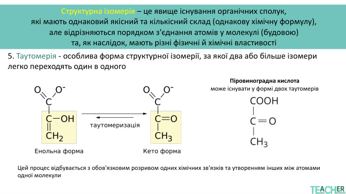 Структурна ізомерія – це явище існування органічних сполук, які мають однаковий якісний та кількісний склад (однакову хімічну формулу), але відрізняються порядком з'єднання атомів у молекулі (будовою) та, як наслідок, мають різні фізичні й хімічні властивості5. Таутомерія - особлива форма структурної ізомерії, за якої два або більше ізомери легко переходять один в одного. Цей процес відбувається з обов'язковим розривом одних хімічних зв'язків та утворенням інших між атомами одної молекули. Піровиноградна кислота може існувати у формі двох таутомерів
