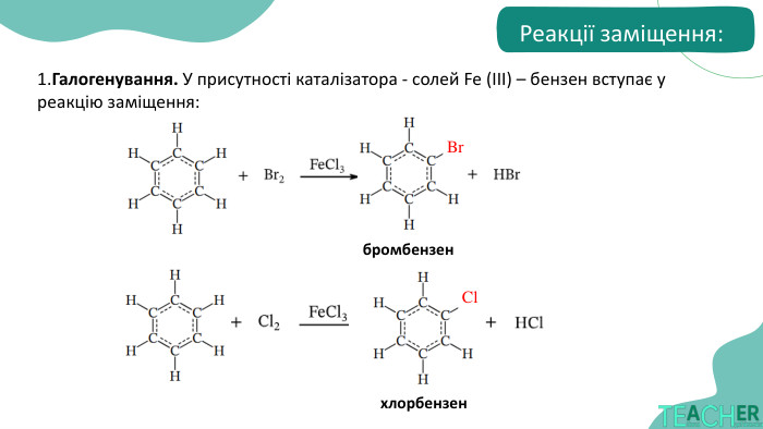 1. Галогенування. У присутності каталізатора - солей Fe (ІІІ) – бензен вступає у реакцію заміщення: бромбензен. Br. Clхлорбензен. Реакції заміщення: