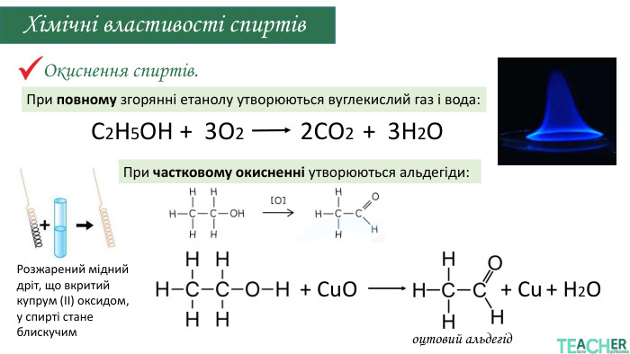 Окиснення спиртів. Хімічні властивості спиртів. При повному згорянні етанолу утворюються вуглекислий газ і вода: С2 Н5 ОН + 3 О22 СО2 + 3 Н2 ОПри частковому окисненні утворюються альдегіди: + Cu. O + Cu + H2 O Розжарений мідний дріт, що вкритий купрум (ІІ) оксидом, у спирті стане блискучим оцтовий альдегід