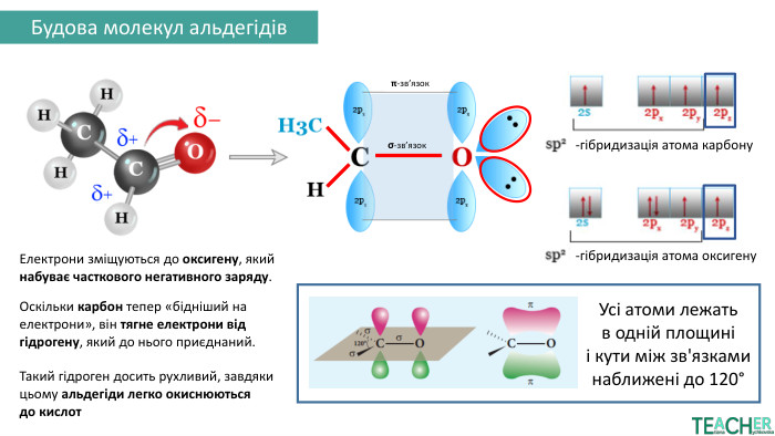 Будова молекул альдегідів -гібридизація атома карбону-гібридизація атома оксигену𝝿-зв’язок σ-зв’язок. Електрони зміщуються до оксигену, який набуває часткового негативного заряду. Оскільки карбон тепер «бідніший на електрони», він тягне електрони від гідрогену, який до нього приєднаний. Такий гідроген досить рухливий, завдяки цьому альдегіди легко окиснюються до кислот. Усі атоми лежать в одній площині і кути між зв'язками наближені до 120°