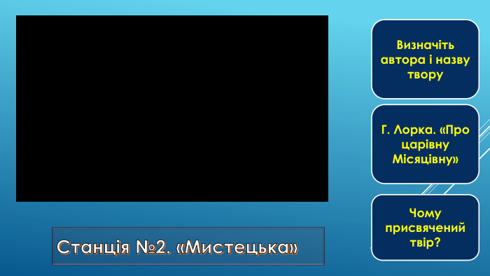 Станція №2. «Мистецька»Визначіть автора і назву твору. Г. Лорка. «Про царівну Місяцівну»Чому присвячений твір?