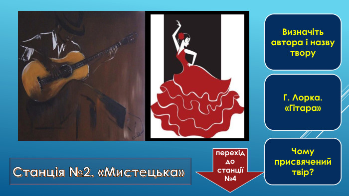 Станція №2. «Мистецька»Визначіть автора і назву твору. Г. Лорка. «Гітара»Чому присвячений твір?перехіддо станції №4