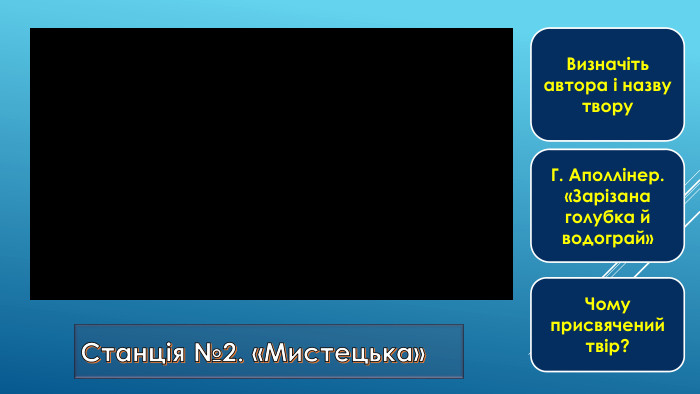 Станція №2. «Мистецька»Визначіть автора і назву твору. Г. Аполлінер. «Зарізана голубка й водограй»Чому присвячений твір?