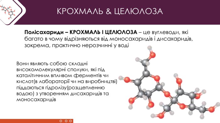 КРОХМАЛЬ & ЦЕЛЮЛОЗА Полісахариди – КРОХМАЛЬ І ЦЕЛЮЛОЗА – це вуглеводи, які багато в чому відрізняються від моносахаридів і дисахаридів, зокрема, практично нерозчинні у водіВони являють собою складні високомолекулярні сполуки, які під каталітичним впливом ферментів чи кислот(в лабораторії чи на виробництві) піддаються гідролізу(розщепленню водою) з утворенням дисахаридів та моносахаридів 