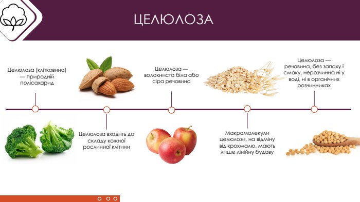 ЦЕЛЮЛОЗАЦелюлоза (клітковина) — природній полісахарид. Целюлоза входить до складу кожної рослинної клітини. Целюлоза — волокниста біла або сіра речовина. Макромолекули целюлози, на відміну від крохмалю, мають лише лінійну будову. Целюлоза — речовина, без запаху і смаку, нерозчинна ні у воді, ні в органічних розчинниках