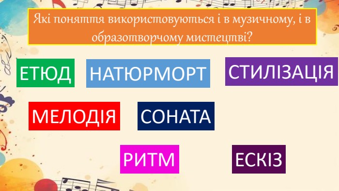 Які поняття використовуються і в музичному, і в образотворчому мистецтві?НАТЮРМОРТЕТЮДСТИЛІЗАЦІЯСОНАТАМЕЛОДІЯЕСКІЗРИТМ