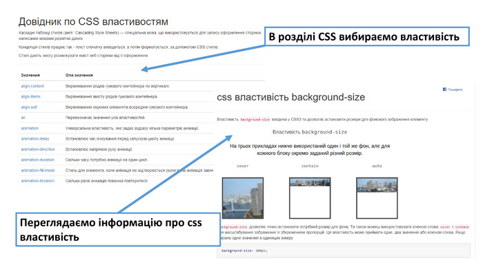 В розділі CSS вибираємо властивість. Переглядаємо інформацію про css властивість