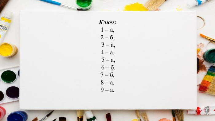 Ключ: 1 – а, 2 – б, 3 – а, 4 – а, 5 – а, 6 – б, 7 – б, 8 – а, 9 – а.