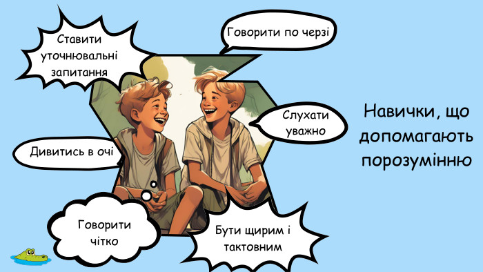 Навички, що допомагають порозумінню Говорити по черзіСтавити уточнювальні запитання. Слухати уважно. Бути щирим і тактовним. Дивитись в очіГоворити чітко