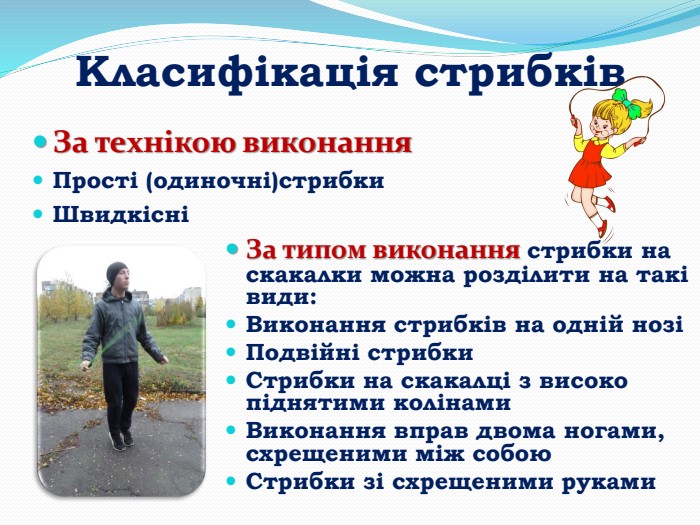 Класифікація стрибків. За технікою виконання. Прості (одиночні)стрибки. ШвидкісніЗа типом виконання стрибки на скакалки можна розділити на такі види: Виконання стрибків на одній нозіПодвійні стрибки Стрибки на скакалці з високо піднятими колінами Виконання вправ двома ногами, схрещеними між собою. Стрибки зі схрещеними руками