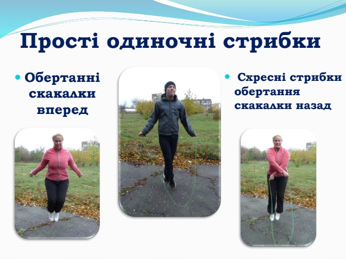 Прості одиночні стрибки. Обертанні скакалки вперед Схресні стрибки обертання скакалки назад