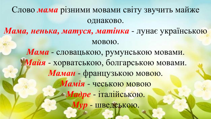 Слово мама різними мовами світу звучить майже однаково. Мама, ненька, матуся, матінка - лунає українською мовою. Мама - словацькою, румунською мовами. Майя - хорватською, болгарською мовами. Маман - французькою мовою. Мамія - чеською мовою Мадре - італійською. Мур - шведською.